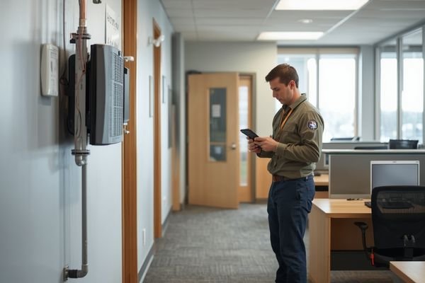 Professional radon testing equipment being used inside a commercial building