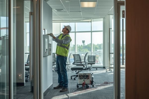Professional commercial radon testing being performed in a North Carolina office building