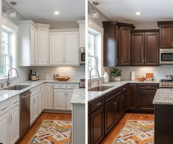 Modern kitchen featuring freshly painted cabinets compared to newly installed cabinets